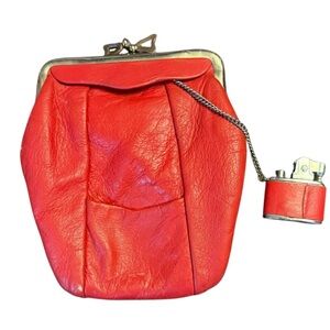 Vintage Red Leather Cigarette Purse Case with attached Lighter